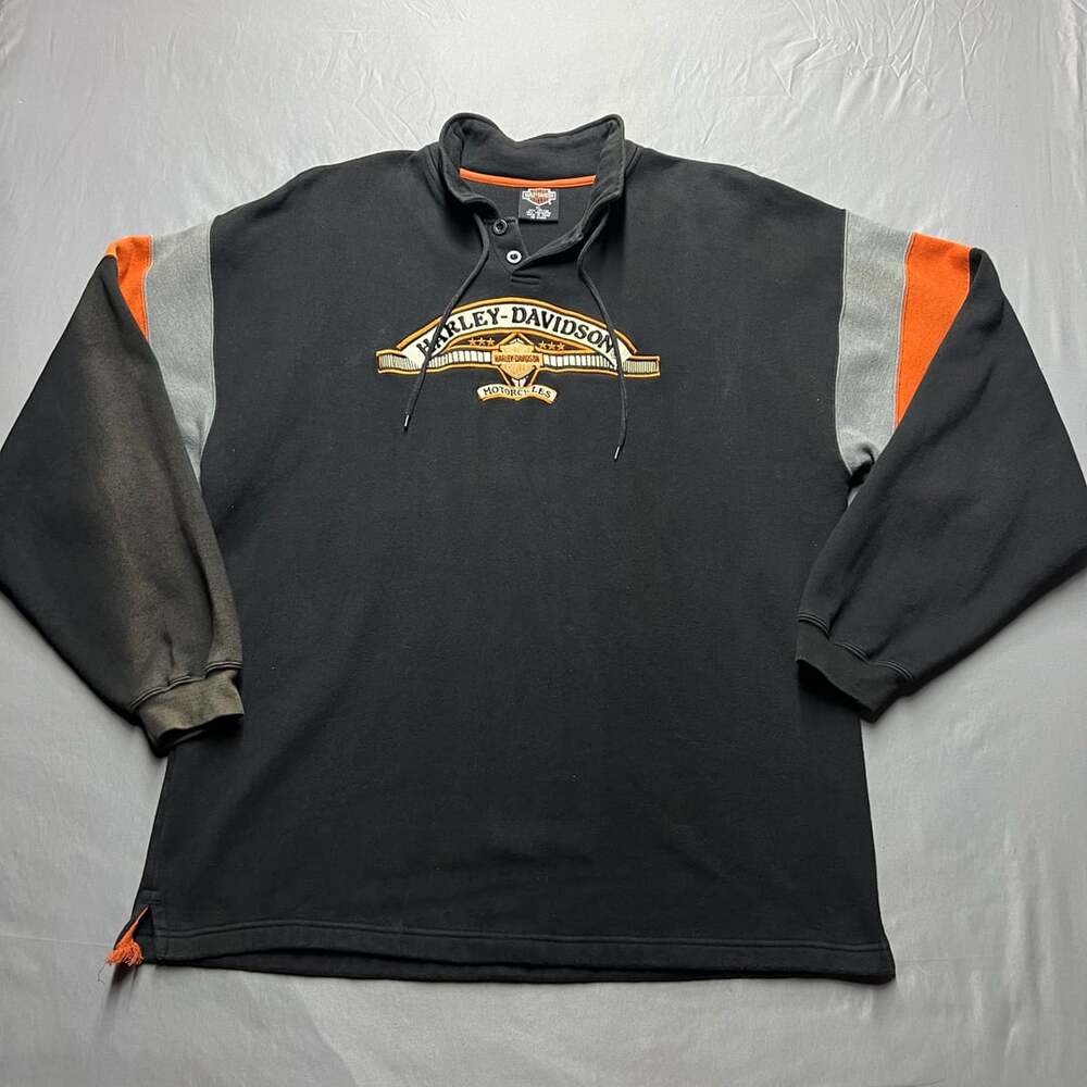 Vintage Harley Davidson Henley Sweatshirt XL Black Sun Faded Distressed